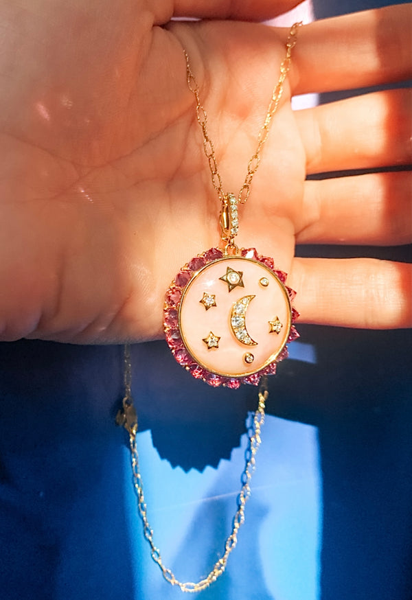 Large Flare Medallion Necklace, Pink Opal