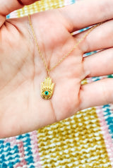Mini Gold Hamsa Pendant with Emerald Eye