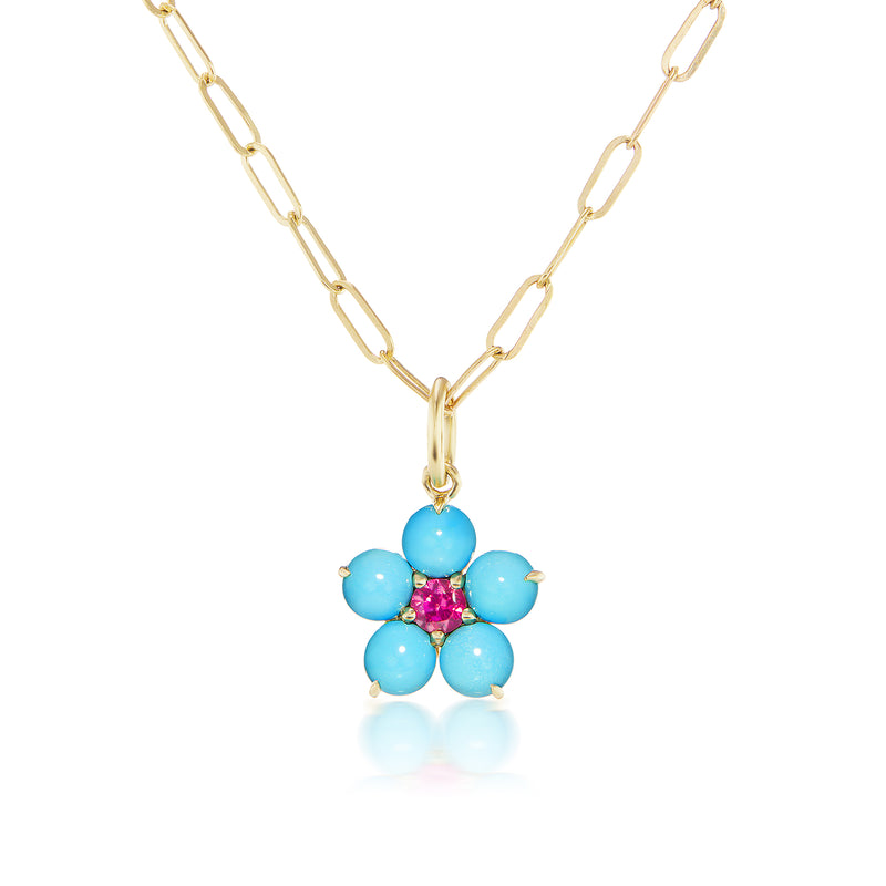 Large Round Floral Necklace with Turquoise and Ruby