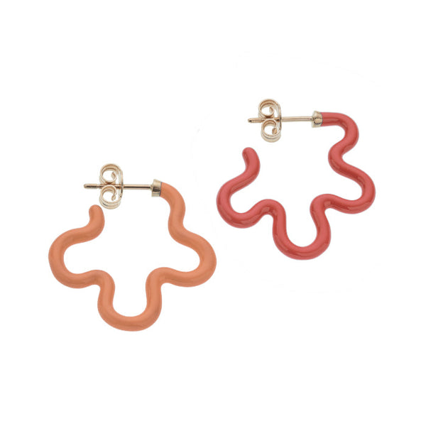 Two Tone Asymmetrical Flower Power Earrings in Red and Japanese Orange